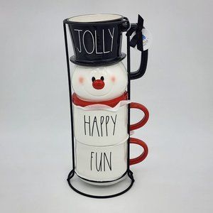 RAE DUNN Holiday Christmas  "JOLLY HAPPY FUN" Frosty The Snowman Mug Stacker